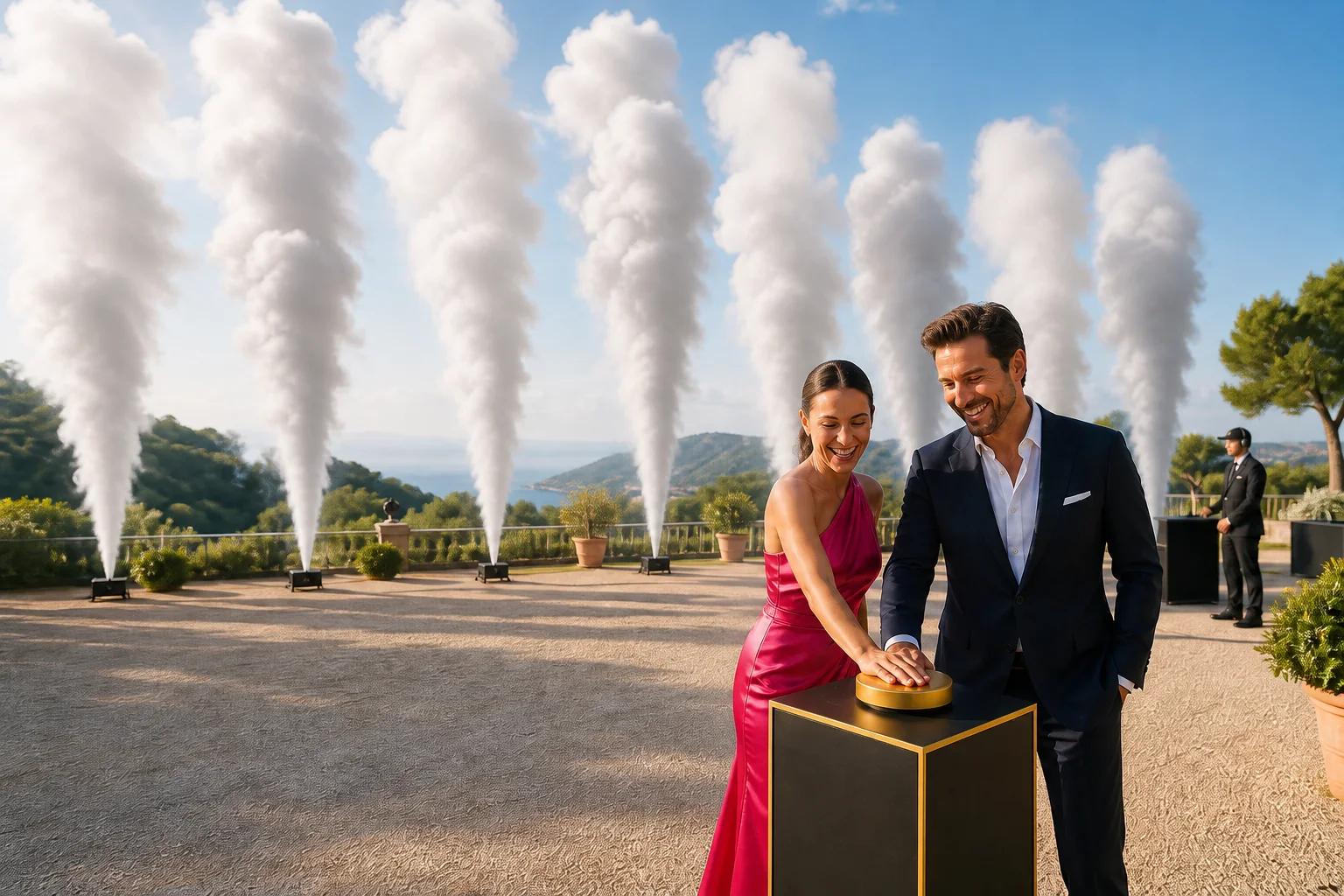 Representación visual de una pareja activando una secuencia elegante de humo blanco