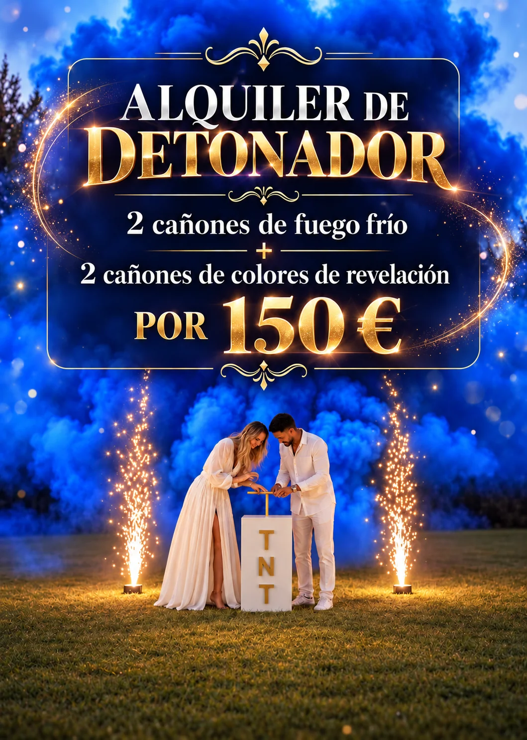 Paquete de 150 euros con humo azul: detonador incluido, dos cañones de fuego frío y dos cañones de color