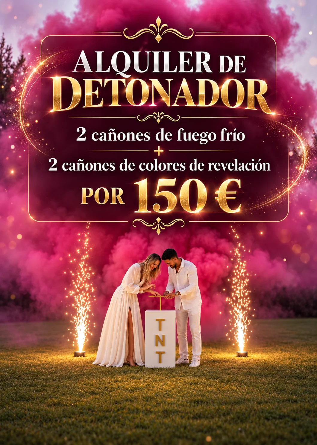 Paquete de 150 euros con humo rosa: detonador incluido, dos cañones de fuego frío y dos cañones de color