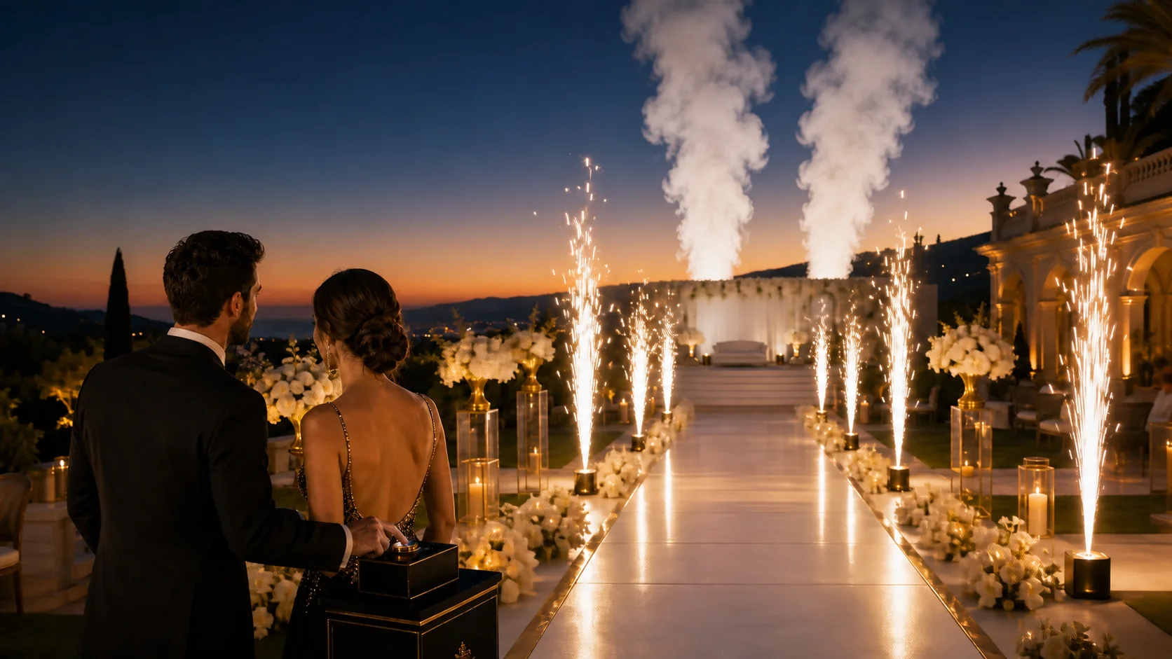 Representación visual de una pasarela de boda con fuegos fríos y humo blanco