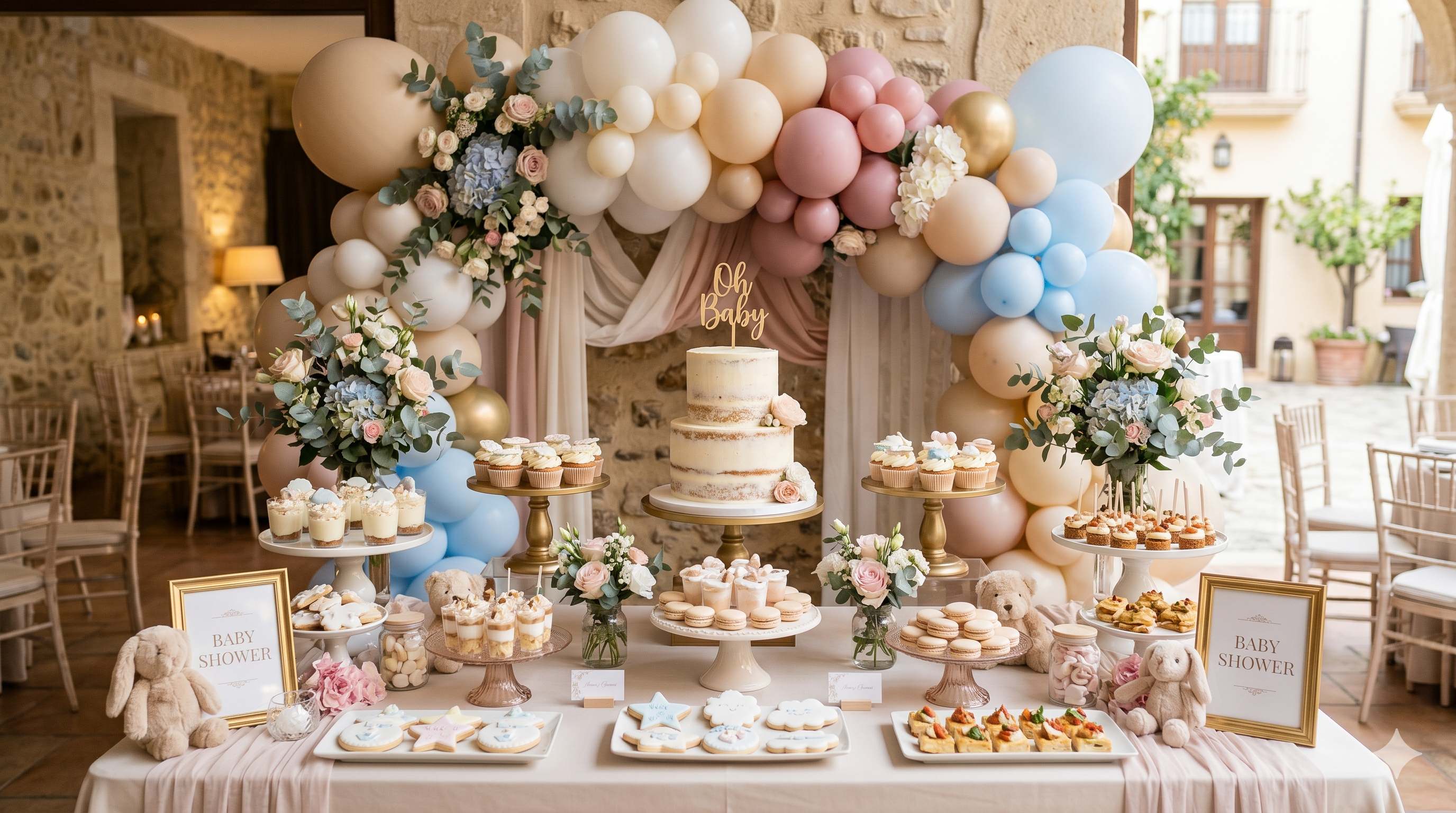 Decoraci&oacute;n de baby shower con mesa tem&aacute;tica