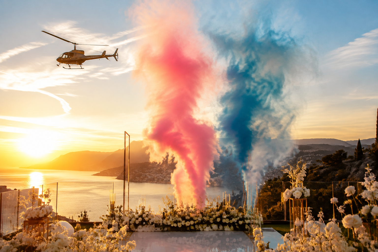 Gender reveal con helicóptero al atardecer en la Costa del Sol