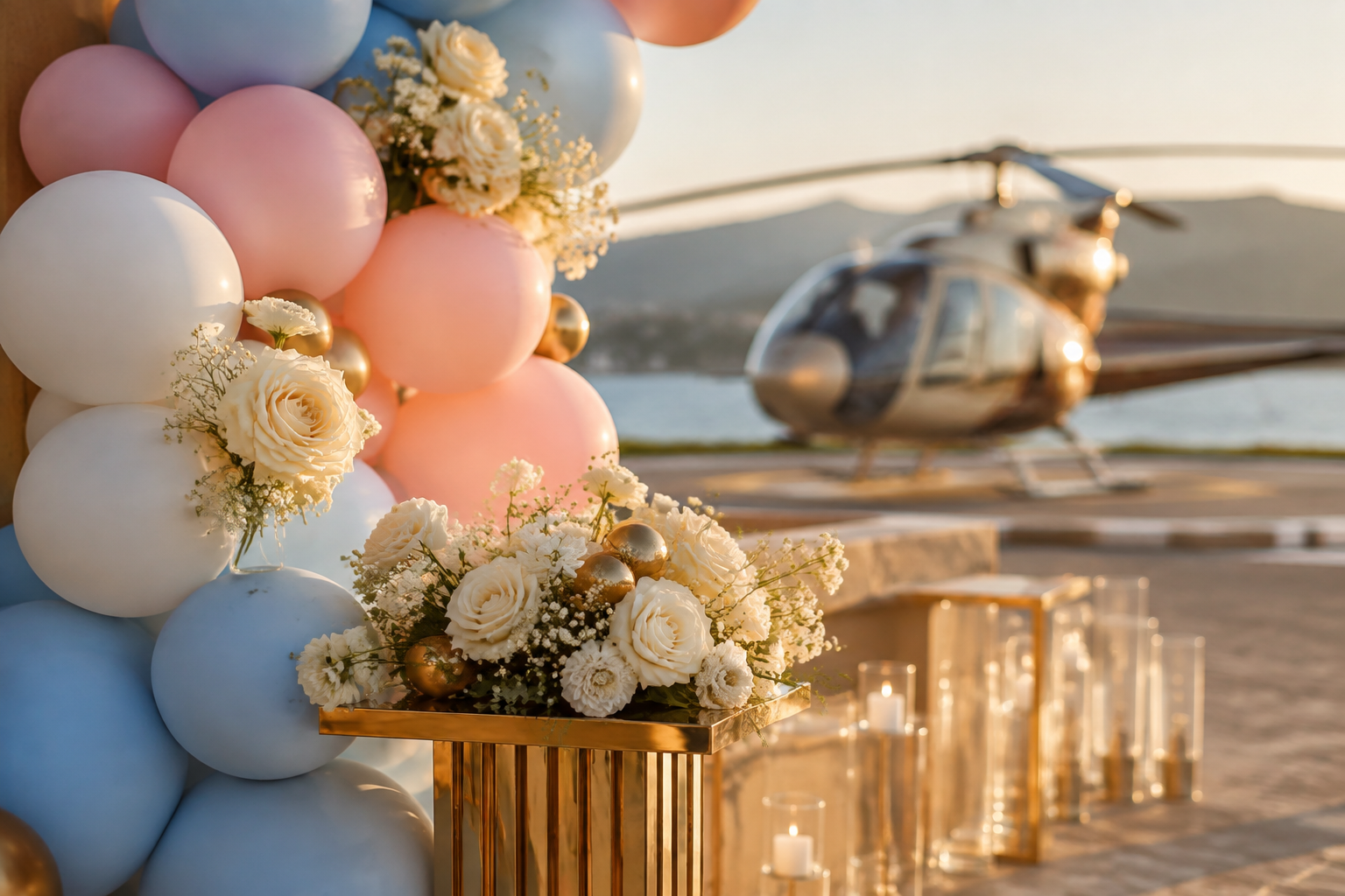 Detalle de decoración floral para una revelación con helicóptero